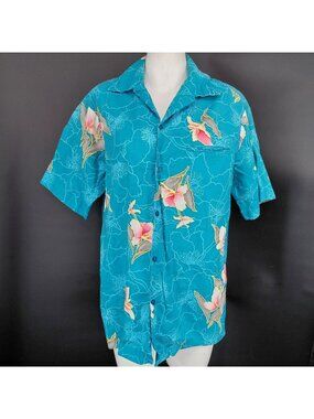 Hilo Hattie Shirt Mens Large Blue Hawaiian Floral Aloha Short Sleeve Button Dad